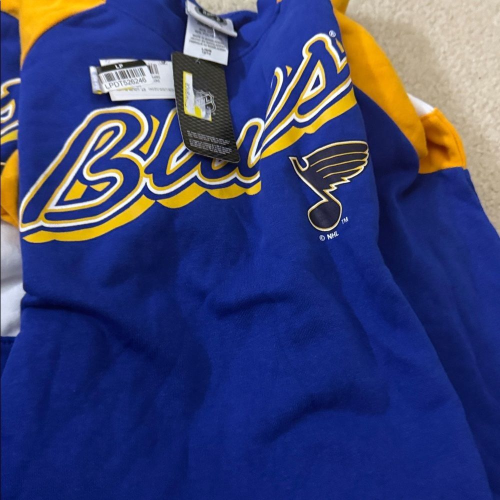 NHL ST.LOUIS BLUES Sweater L(12/14)Blue and Yellow Raw Hem NWT - Picture 8 of 8